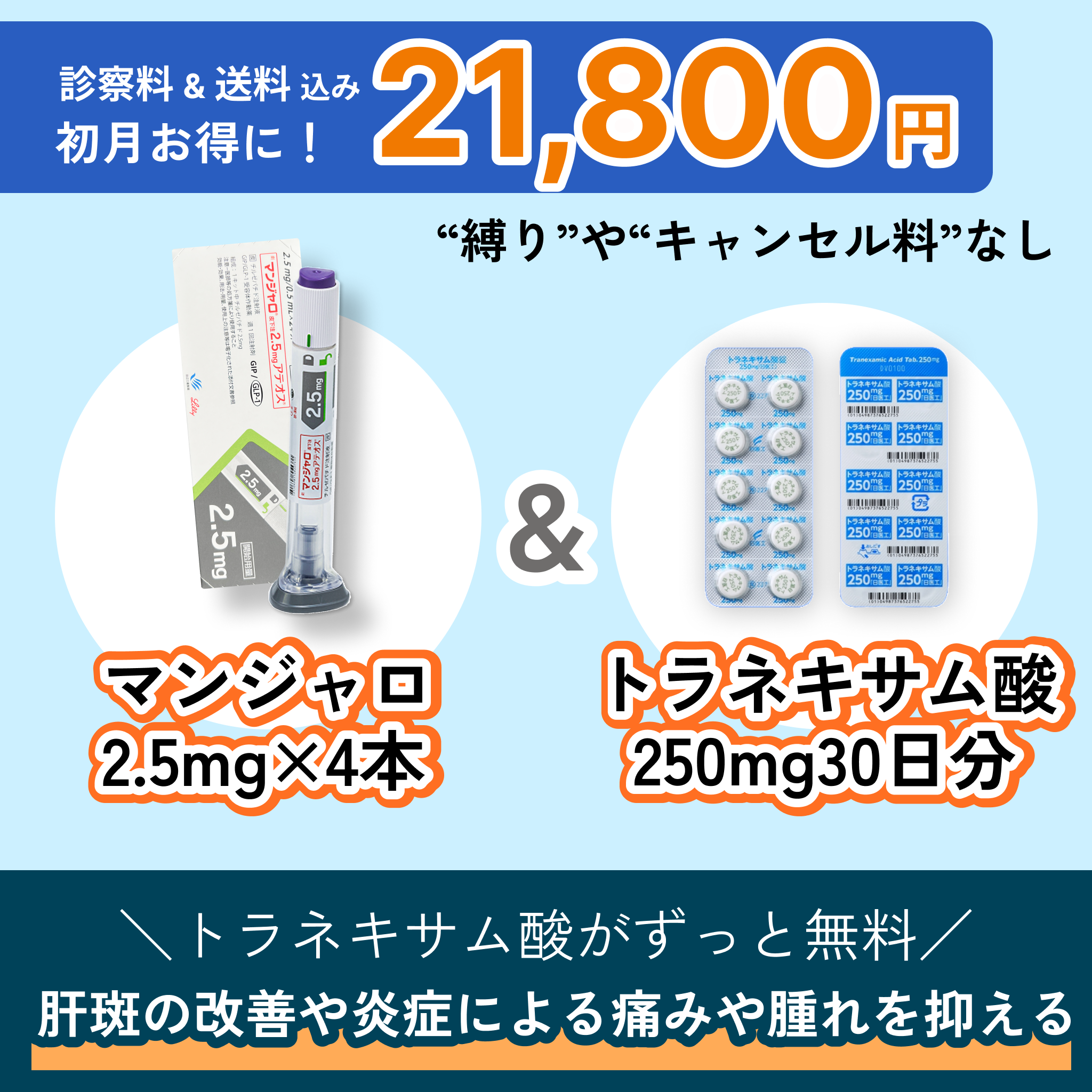 GIP/GLP1注射2.5mg注射4本とトラネキサム酸250mg錠30日分のセット商品